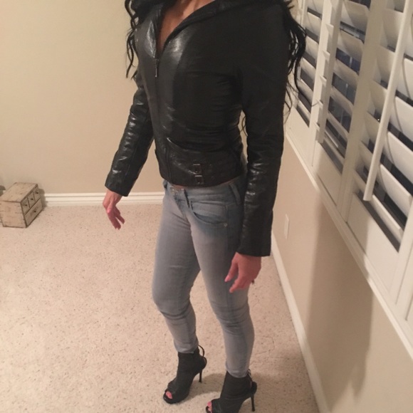 Black faux leather jacket shiny