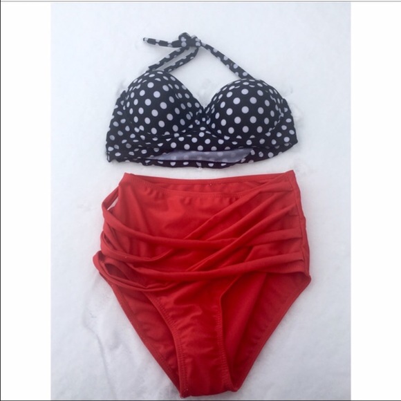 High waisted bathing suit, Red/Polka Dot