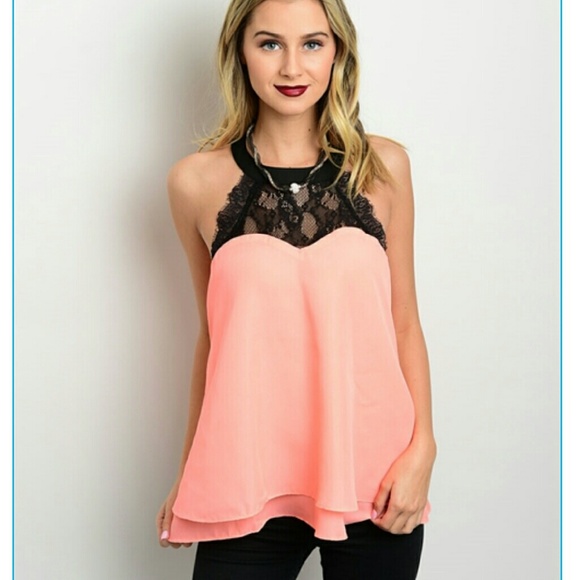 Coral and black lace flowy top