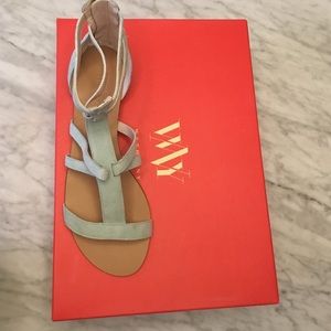 Light blue: light turquoise gladiator sandals.