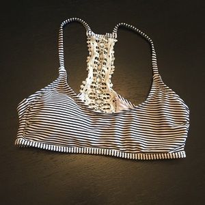 Navy blue and white striped swim top