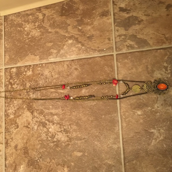 Coral/orange, gold, long necklace