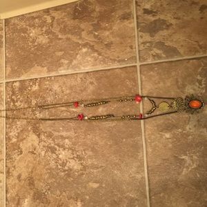Coral/orange, gold, long necklace