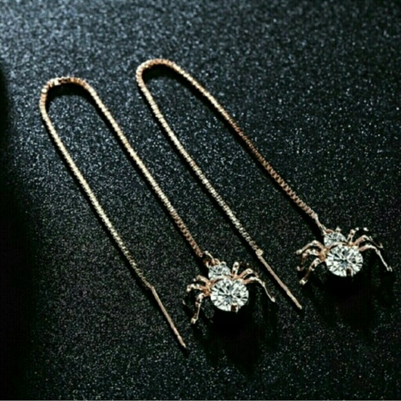 Rose Gold Spider Drop Dangle Earrings - Picture 2 of 3