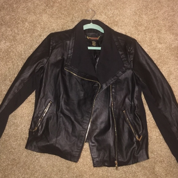 Iman shawl neckline zip up leather jacket Sz L