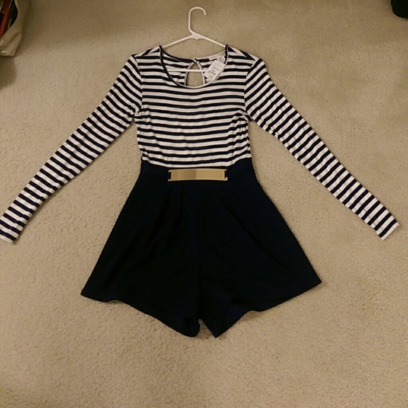 Navy blue and white stripe romper