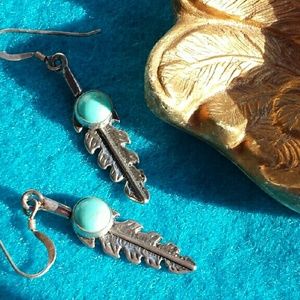 Sterling Silver Feather Turquoise  Earrings