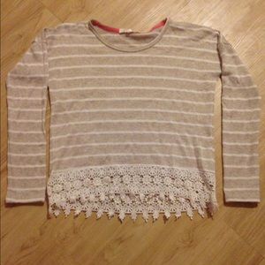 Cropped Brown & White Sweater w/ Lace Trim