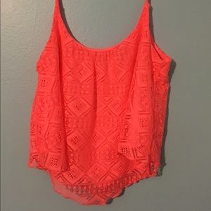 Neon pink lace top.