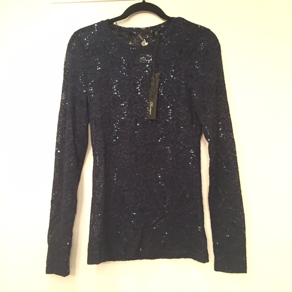 NWT Navy Sequined Sheer Long Sleeve Top