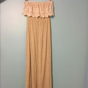 Tan lace maxi dress.