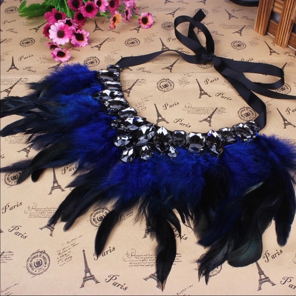 Jeweled Blue Feathers Statement Necklace - Picture 5 of 7