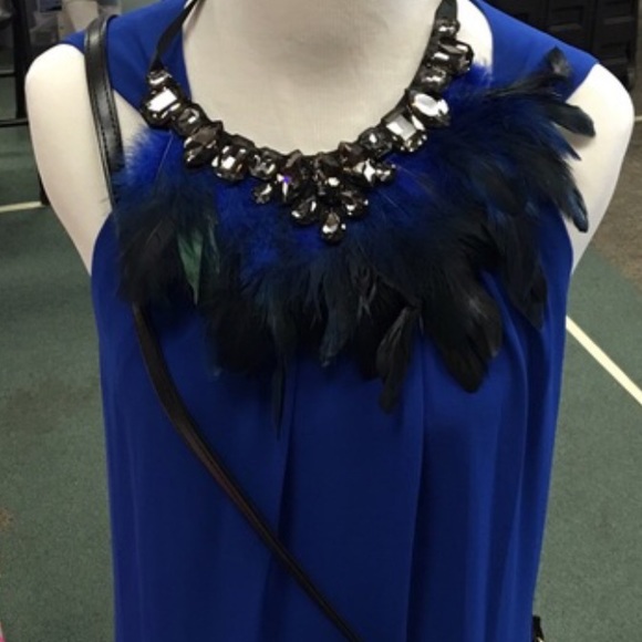 Jeweled Blue Feathers Statement Necklace - Picture 4 of 7