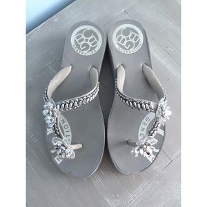 BCBG Jeweled Silver Flip Flops