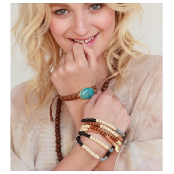 Black, gray and cream wood bead bracelet set - Picture 2 of 3