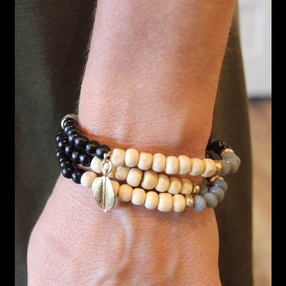 Black, gray and cream wood bead bracelet set - Picture 3 of 3