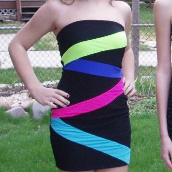 Black bodycon dress with neon stripes