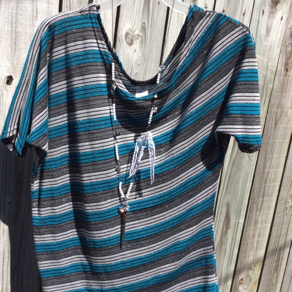 Tops - Teal & Gray Striped Top, vest, & necklace