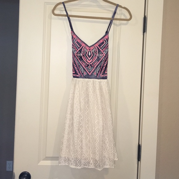Dress, blue/pink/cream upper,cream lace on bottom