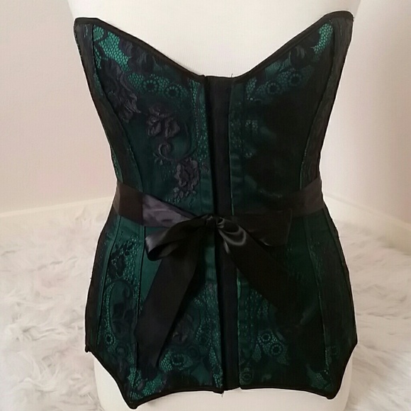 SOLD...Green corset with black lace overlay