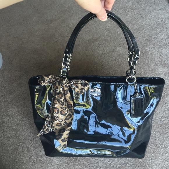 Patten leather Coach bag with detachable scarf.