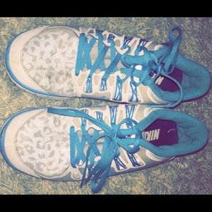 White and Blue cheetah print Nike free run 3.0