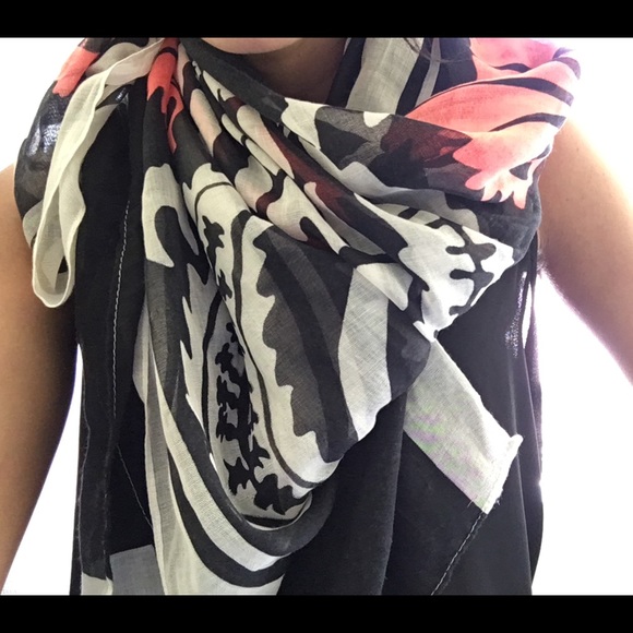 Black, pink, and white flowery scarf