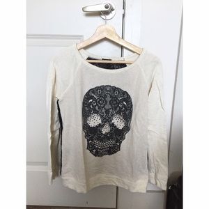 Express White/Black Lace Embellished Skull Sweater