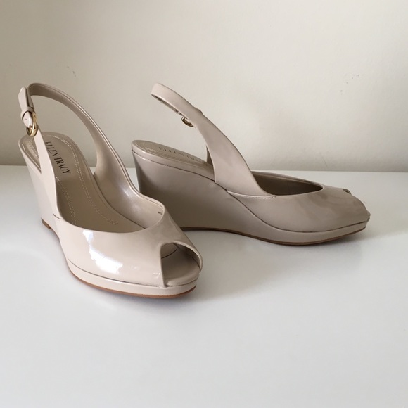 nude patent leather open toe sling back platform