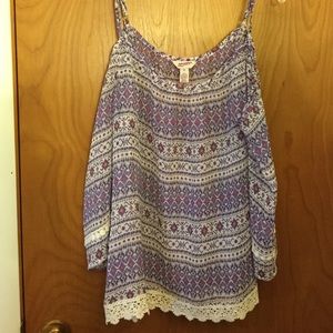Purple pink and white sheer top with open shoulder