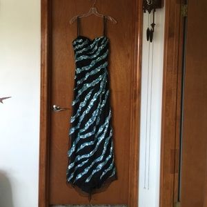 Blue Sequined Zebra Print Prom Dress