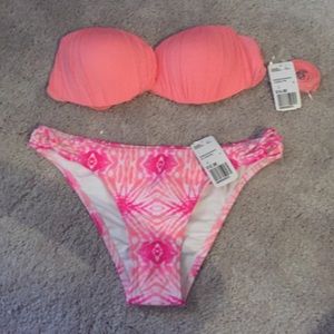 strapless bathing suit top and cheeky bottoms