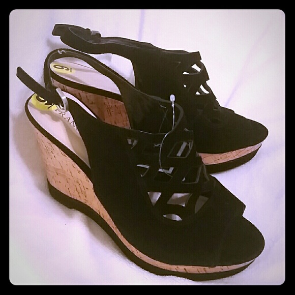 Franco Sarto Black Suede Cork Wedge Sandals sz 9