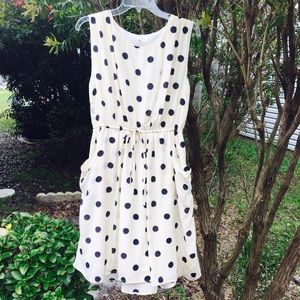 J Crew Dress 8 ivory navy blue polkadot silk