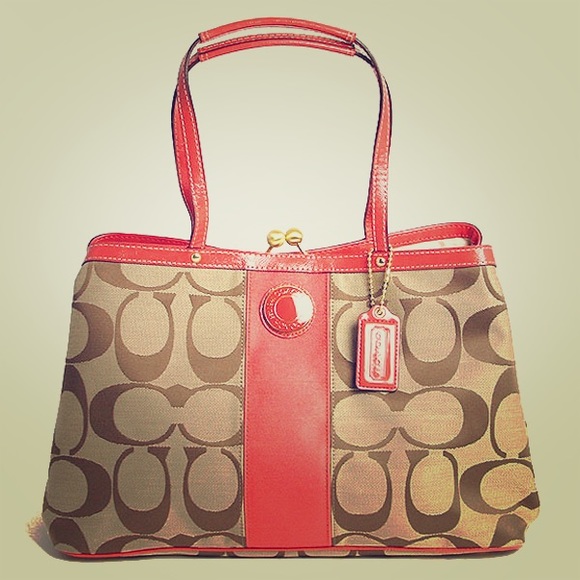 Coach Khaki & Persimmon Stripe Framed Carryall - Picture 1 of 4