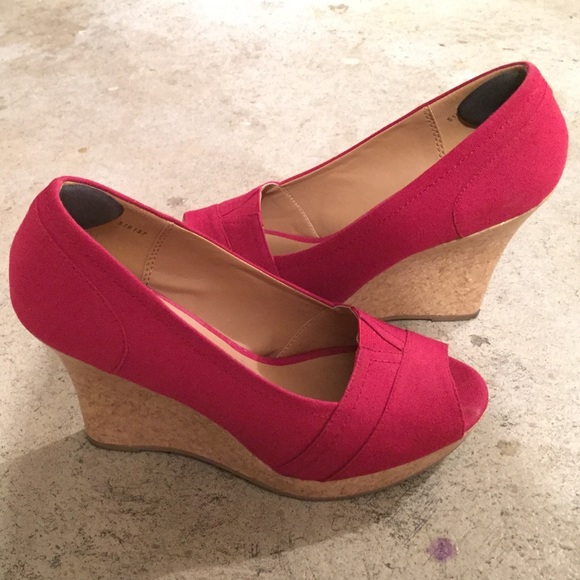 Charlotte Russe Shoes - Charlotte Russe Red Canvas Open Toe Wedges