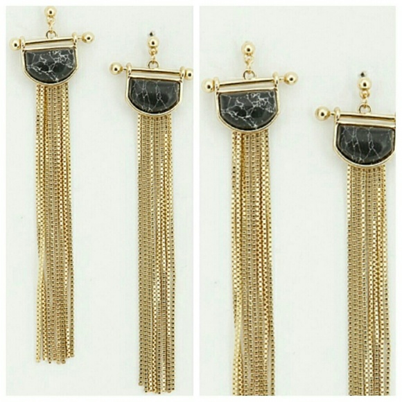 Black marble look goldtone fringe earrings