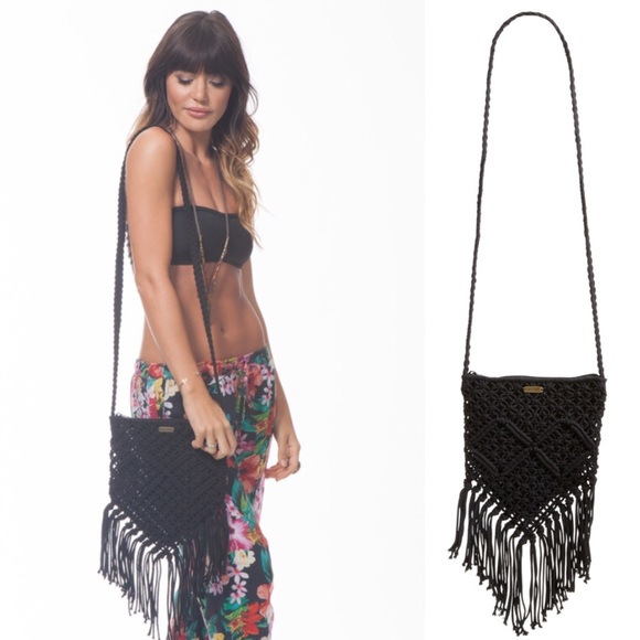 Black crochet knit fringe festival purse bag NWT
