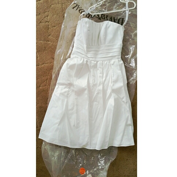 David's Bridal strapless wedding dress with veil