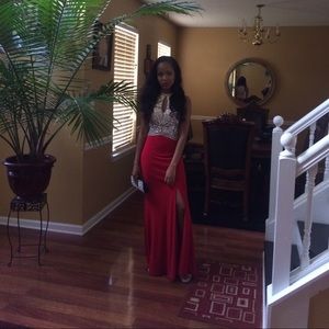 Red, silver, and nude Prom dress.