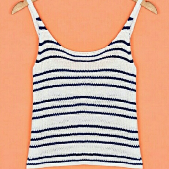 Blue & White Stripe Low Cut Draped Knit Crop Top - Picture 4 of 5