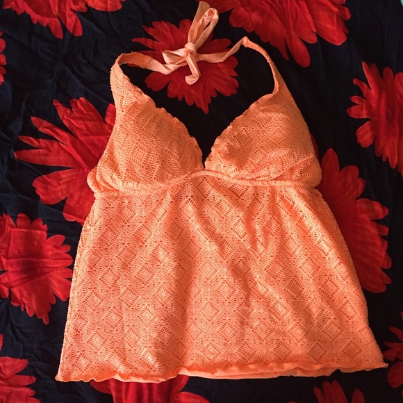 Neon orange crochet halter tankini