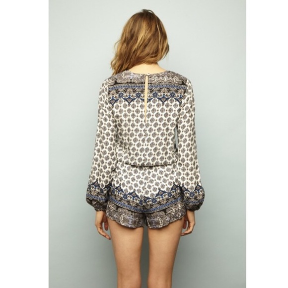 Boho Printed Lace Up Long Sleeve Romper - Blue - Picture 2 of 3