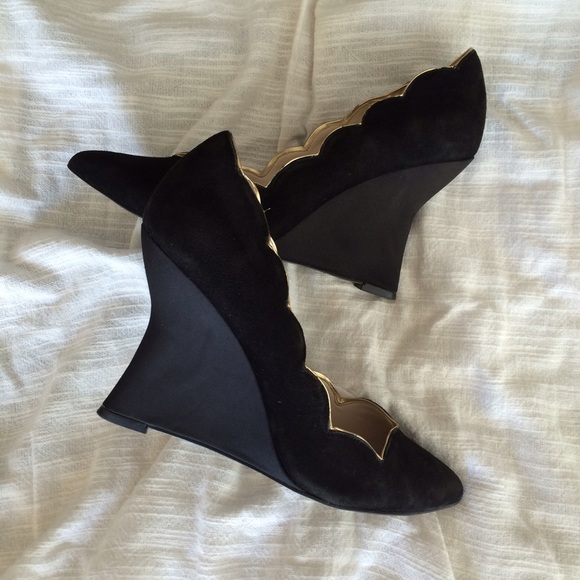 PRICE DROP!! Black & Gold Suede & Satin Wedge