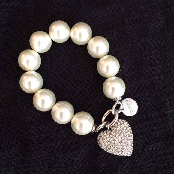 Pearl and Crystal Heart Chico's Stretch Bracelet
