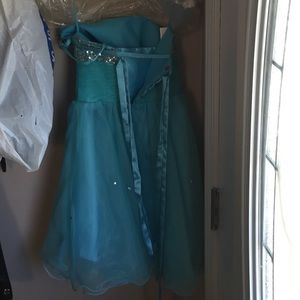 Blue, one shoulder, bejeweled dress