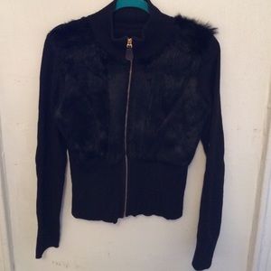 100% rabbit fur black sweater with gold zipper.