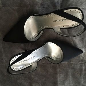 Adrienne Vittadini black satin sling backs.