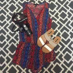 🍊 Vibrant Red and Blue Aztec Romper