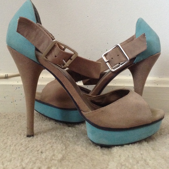 Blue and taupe color block cross strap heels